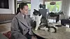 Ung jente sitter ved et bord med en svart-hvit katt innendørs i en lys stue.