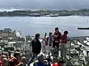 En gruppe personer står på et utsiktspunkt med fjorden og byen i bakgrunnen.