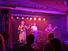 Tre musikere spiller på en liten scene med rosa lys, mens publikum står i silhuett foran.