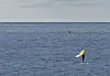 En vindsurfer med gul seilduk glir over mørk blå sjø under en lys himmel.
