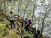 Tre personer går opp en bratt skogssti med tregjerde og steintrapp mellom trær.