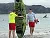To personer står på en strand med et grønt wingfoil-brett, mens andre driver vannsport ute på vannet.