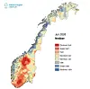 Kart over Norge fra Meteorologisk institutt med fargekoder for nedbør i juli 2026.