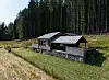 Liten moderne hytte med mørk trekledning ligger i en lysning foran tett granskog.