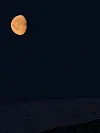 Oransje måne på en mørk nattehimmel over en lav, mørk horisont.